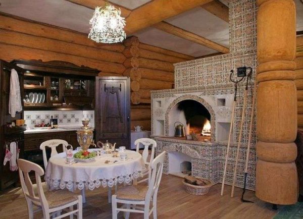 стены из дерева на кухне с печкой