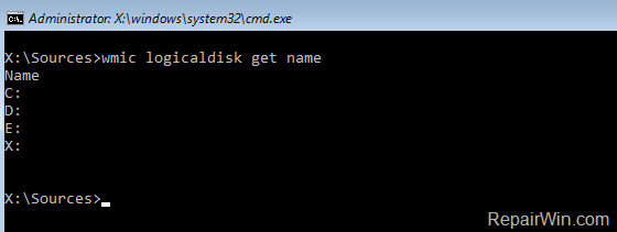 wmic logicaldisk get name 